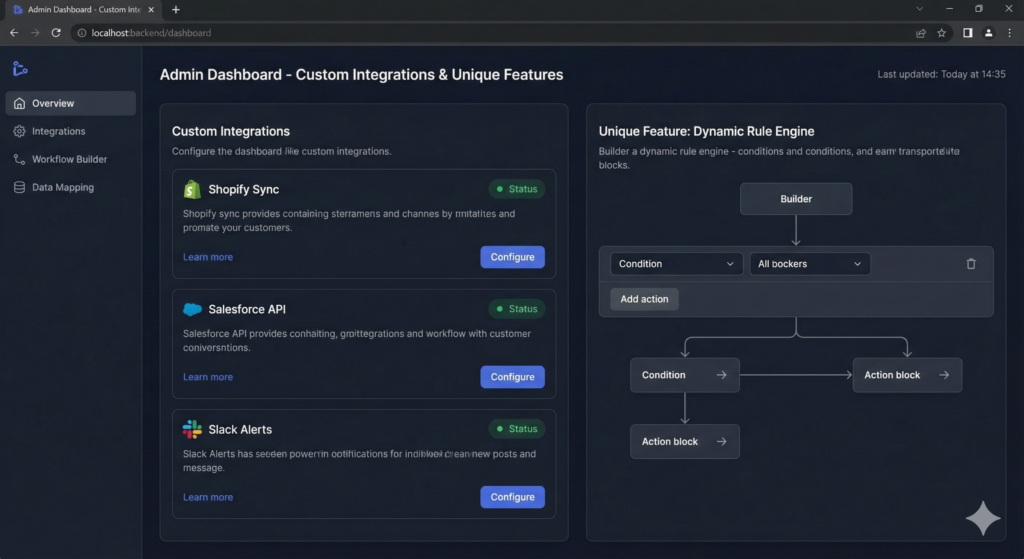 backend dashboard showing custom integrations